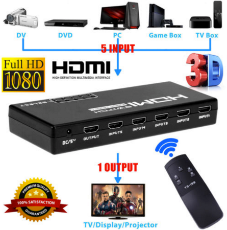 5 Port HDMI Switch Splitter- 5 Devices to 1 Display